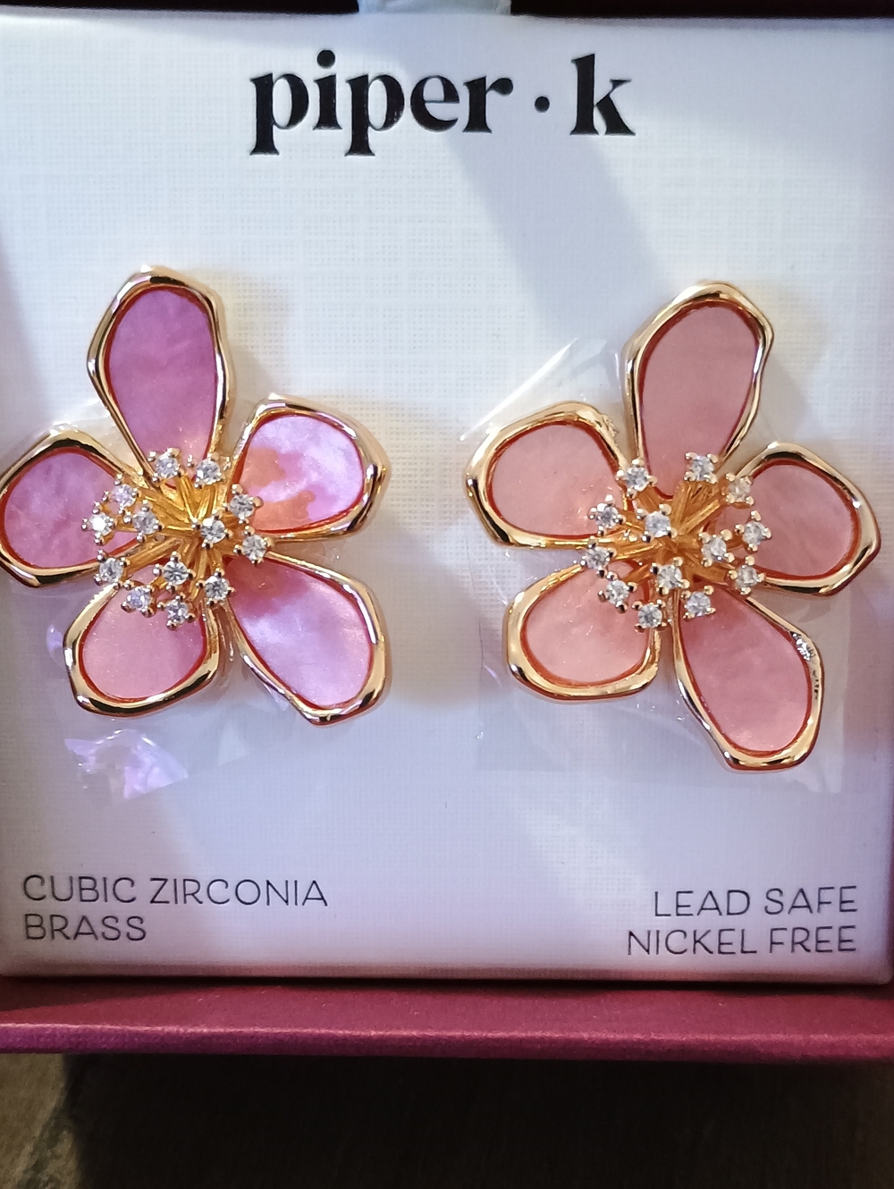 Piper K -NWTS -Beautiful Pink Enamel Flower Cubic Zirconia Brass Stud Earrings.